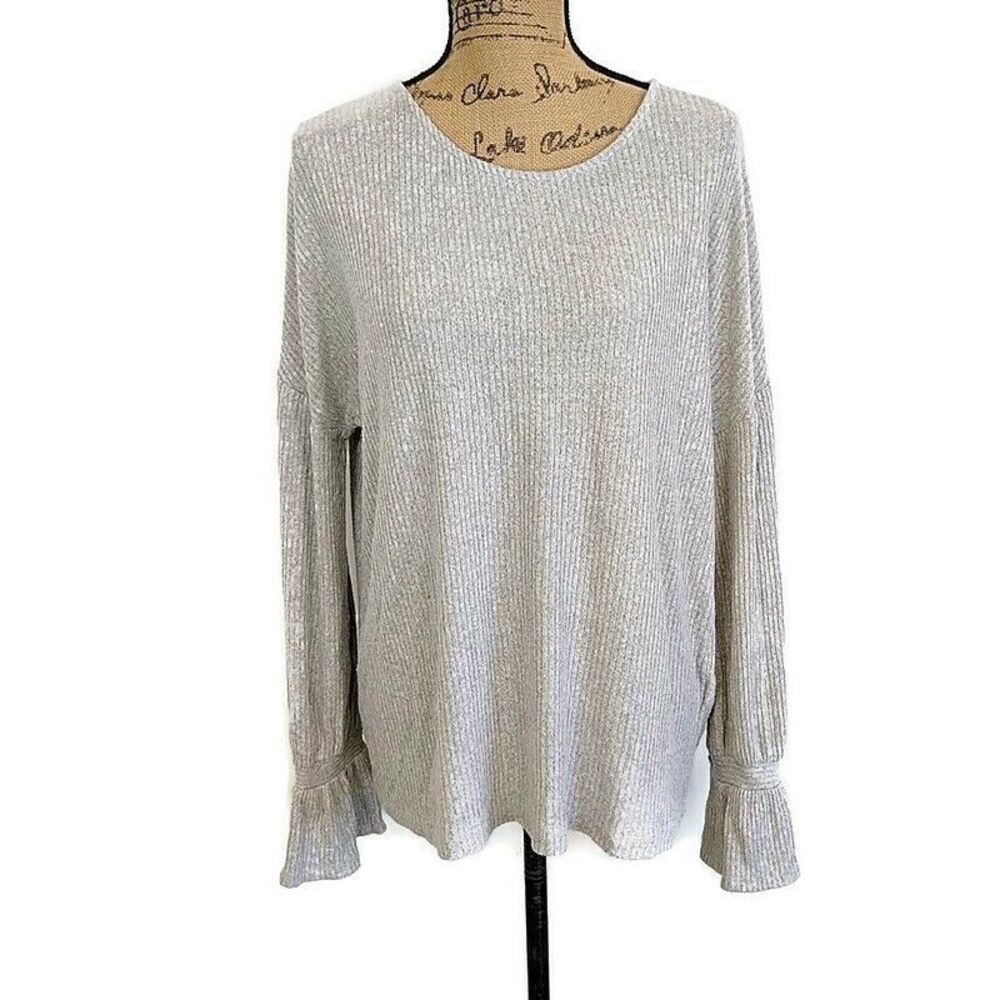 Lucky Brand Womens sz XL Top Gray Ribbed Knit Long Bell Sleeve Pullover